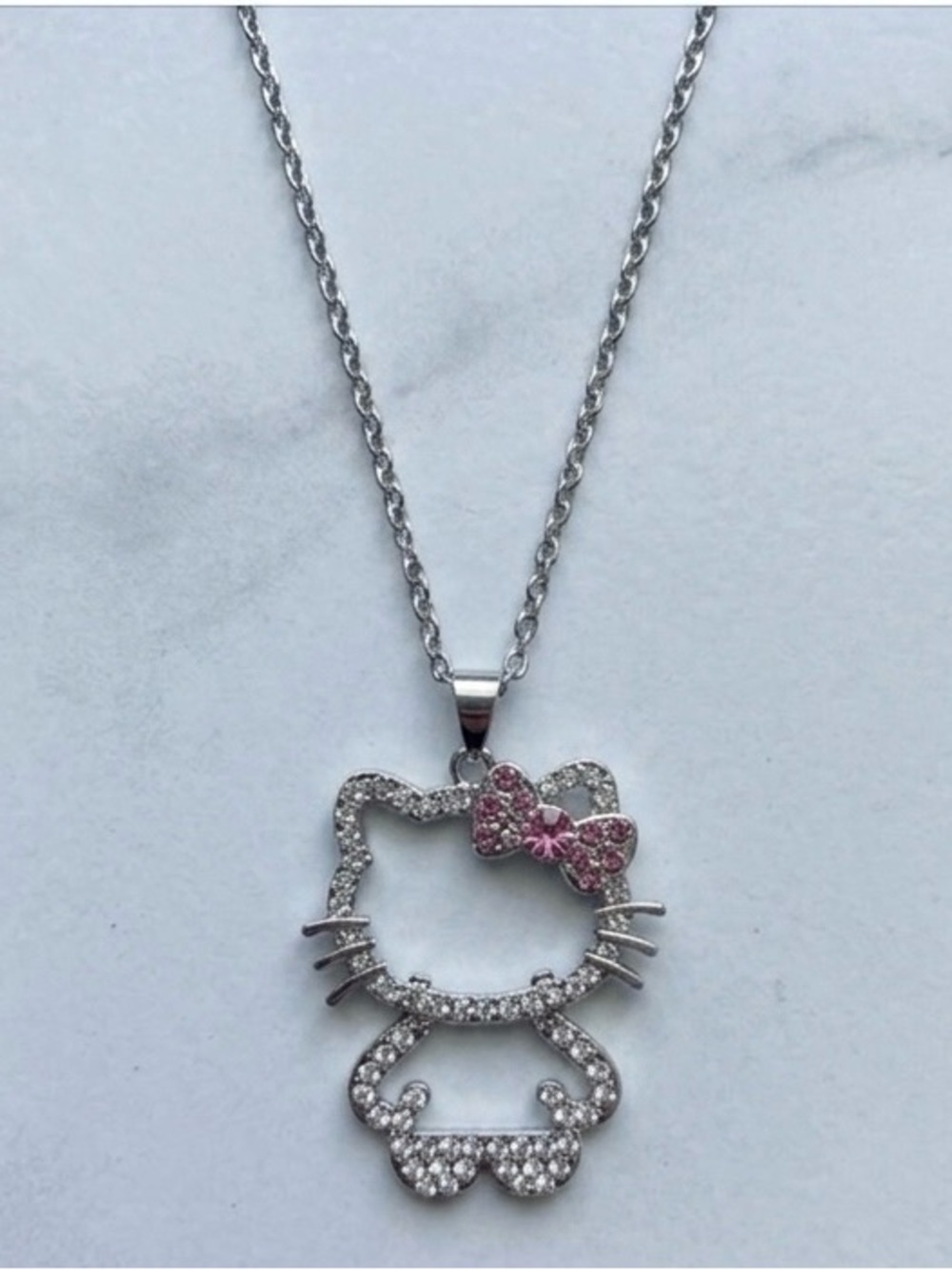 Sanrio Hello Kitty Rhinestone Silhouette Pendant Necklace Silver Tone Pink Kawai